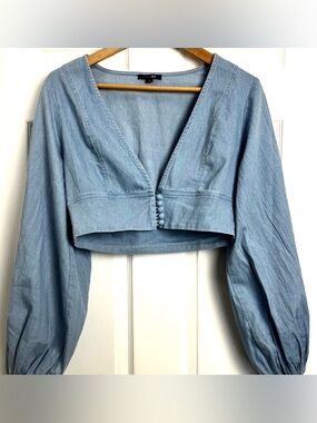 Paper Moon Chambray Cropped Blouse | Balloon Sleeve | Button Detail | Size L